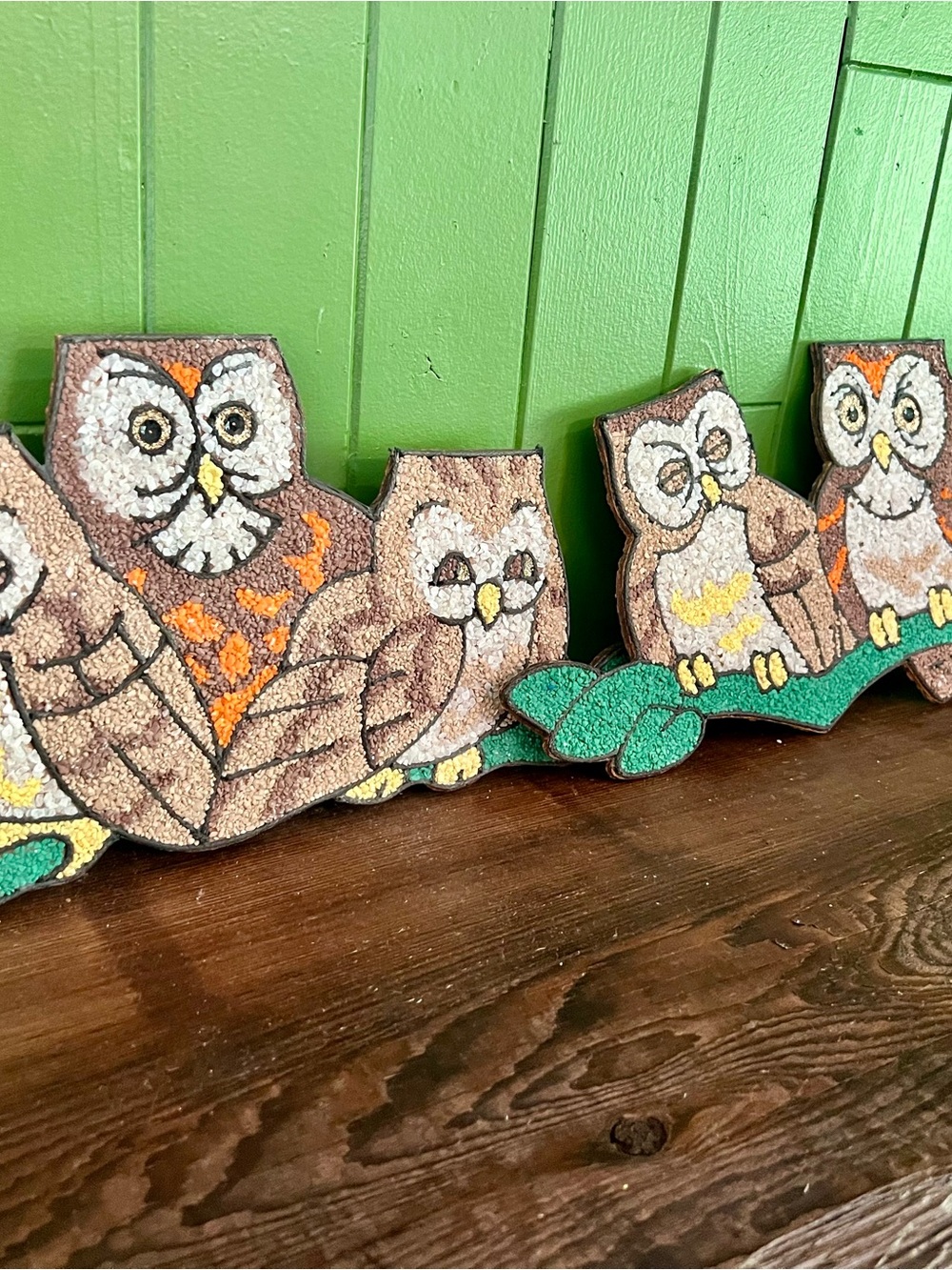 Set Of 2 Vintage 70s Owl Gravel Art Wall Hangings MCM GVC